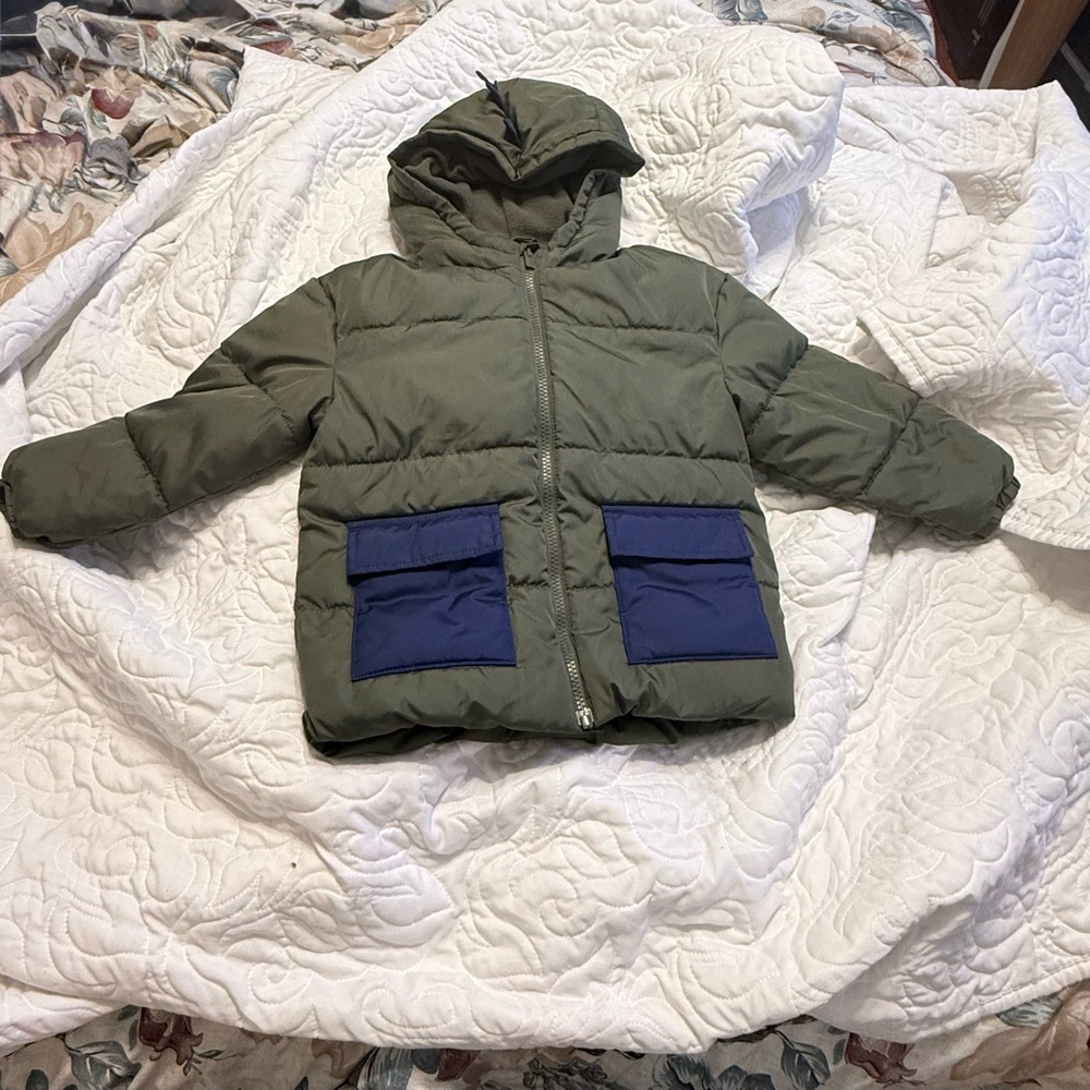 Old Navy Kids Dino Puffer Jacket in Olive and Navy